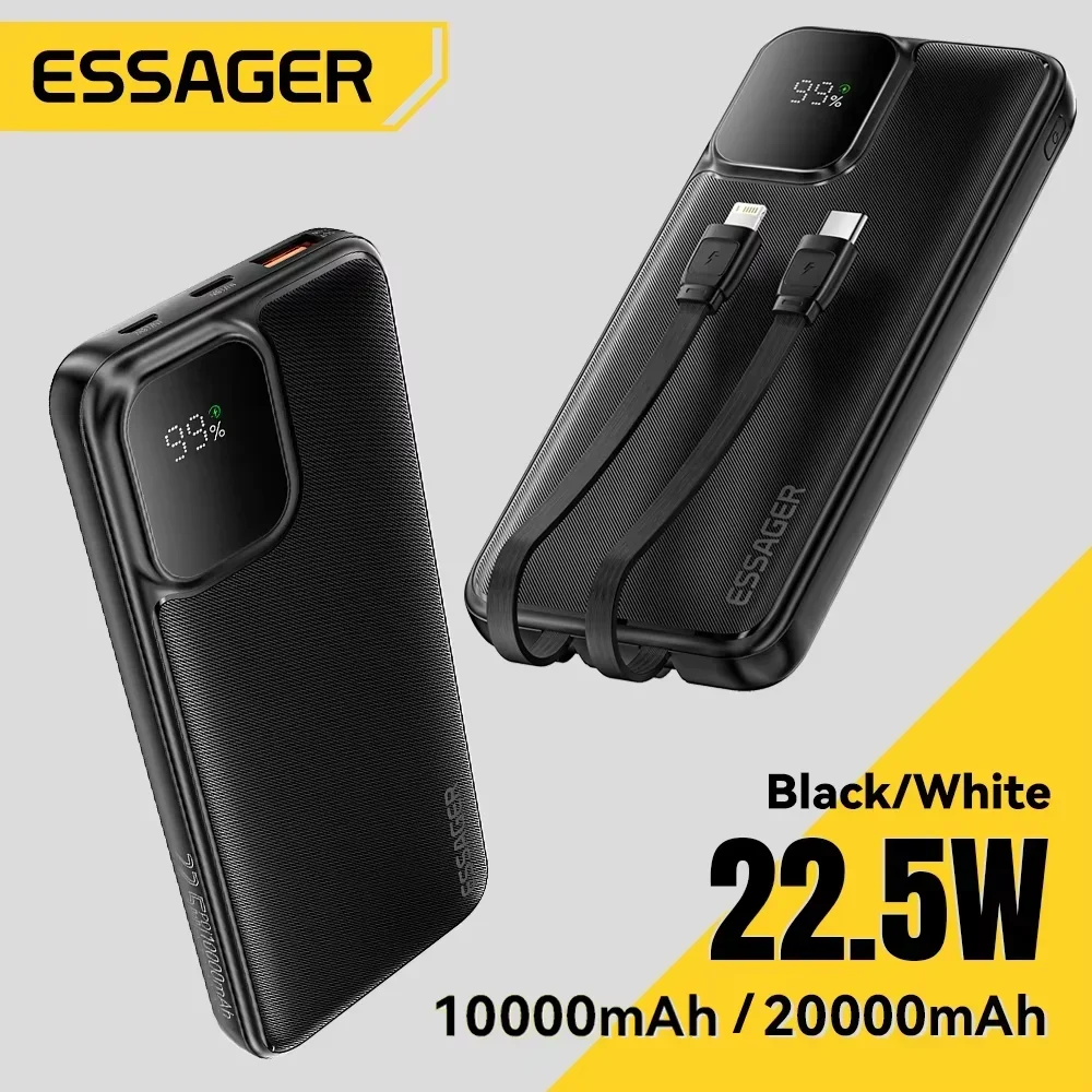 에사저 휴대용 보조배터리 20000mAh (내장 케이블 2개 포함) 외장 배터리 PD 22.5W 고속 충전 (아이폰 17, 16, 15, 샤오미 호환)