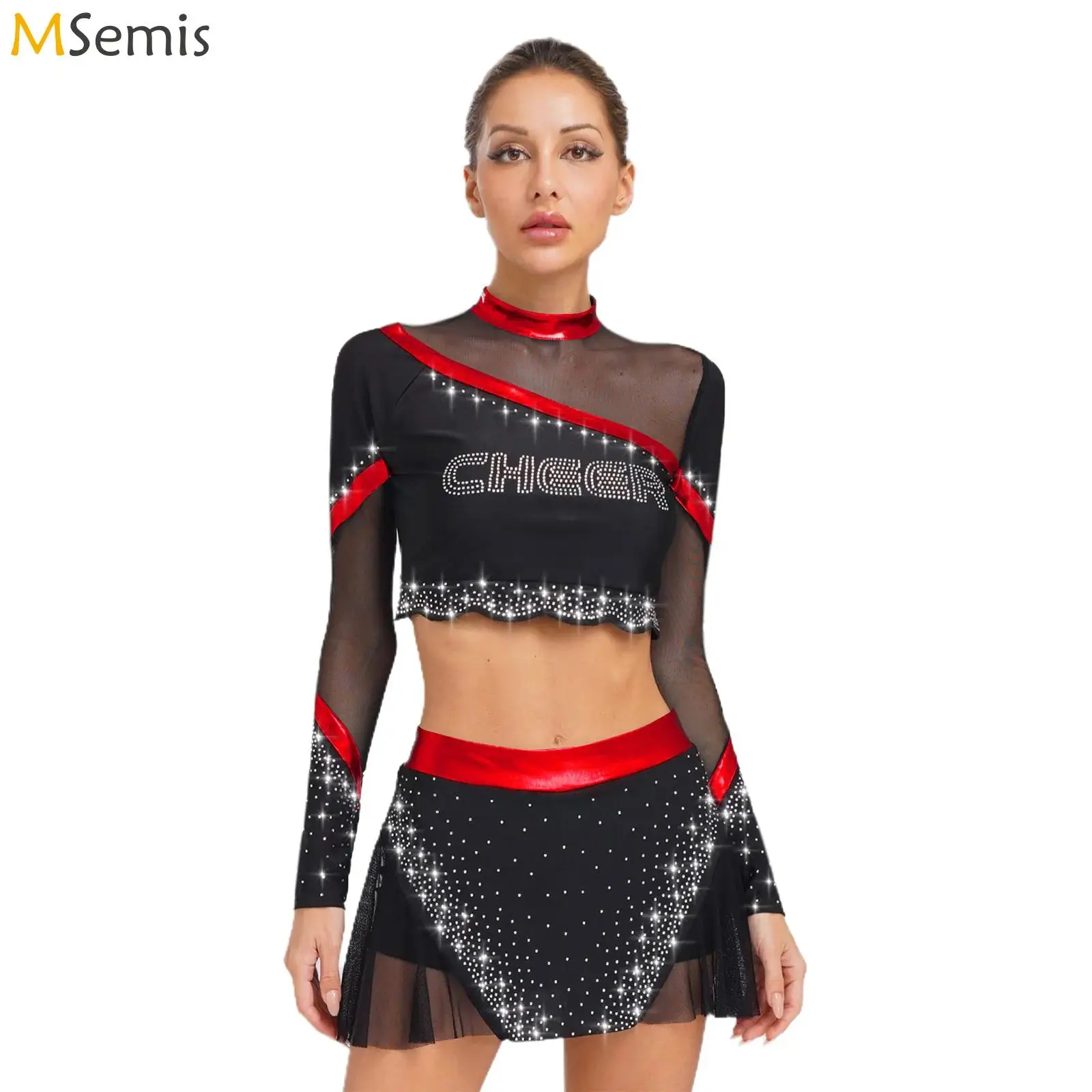 여성 라인 석 치어 리더 복장 발레 댄스 공연 치어 리더 의상 라인 석 자르기 탑 댄스 스커트 세트