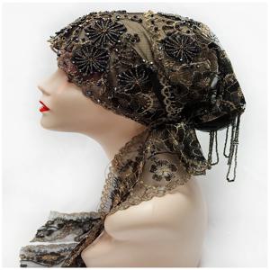 2025년 리본 스타일은 두바이 아라비아 여성들을 위한 메쉬 원단 비즈 튜브와 아크릴 다이아몬드 실로 자수된 모자입니다.