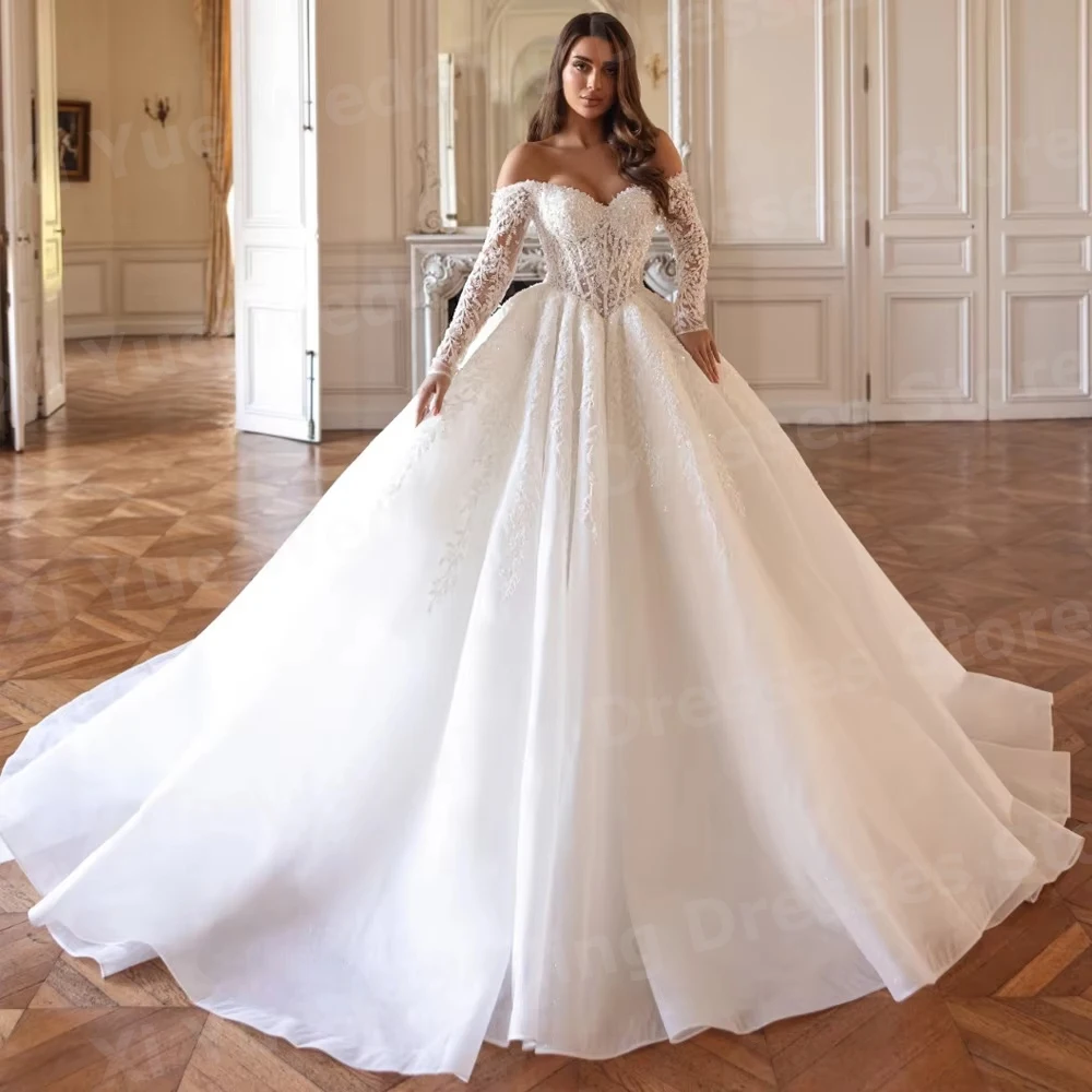 절묘한 A라인 여성용 오프숄더 웨딩드레스 베스티도 데 노비아 레이스 아플리케 신부 드레스 맞춤형 로브 드 마리에