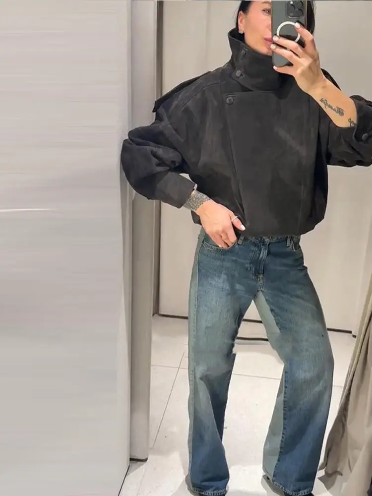 스웨이드 여성 자켓 코트 스탠드업 칼라 에포렛 지퍼 버튼 새 아우터웨어 여성용 오토바이 스트리트 솔리드 코트