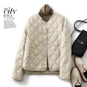 루즈핏 오리털 다운 재킷 여성용 한국 스타일 보온 다이아몬드 패턴 스탠드 칼라 긴팔 통근 패션 겨울 코트