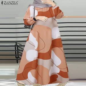 ZANZEA 여성용 무슬림 패션 컬러 블록 롱 드레스, 우아한 O넥 긴팔 A라인 베스티도, 캐주얼 루즈 이슬람 아바야 로브