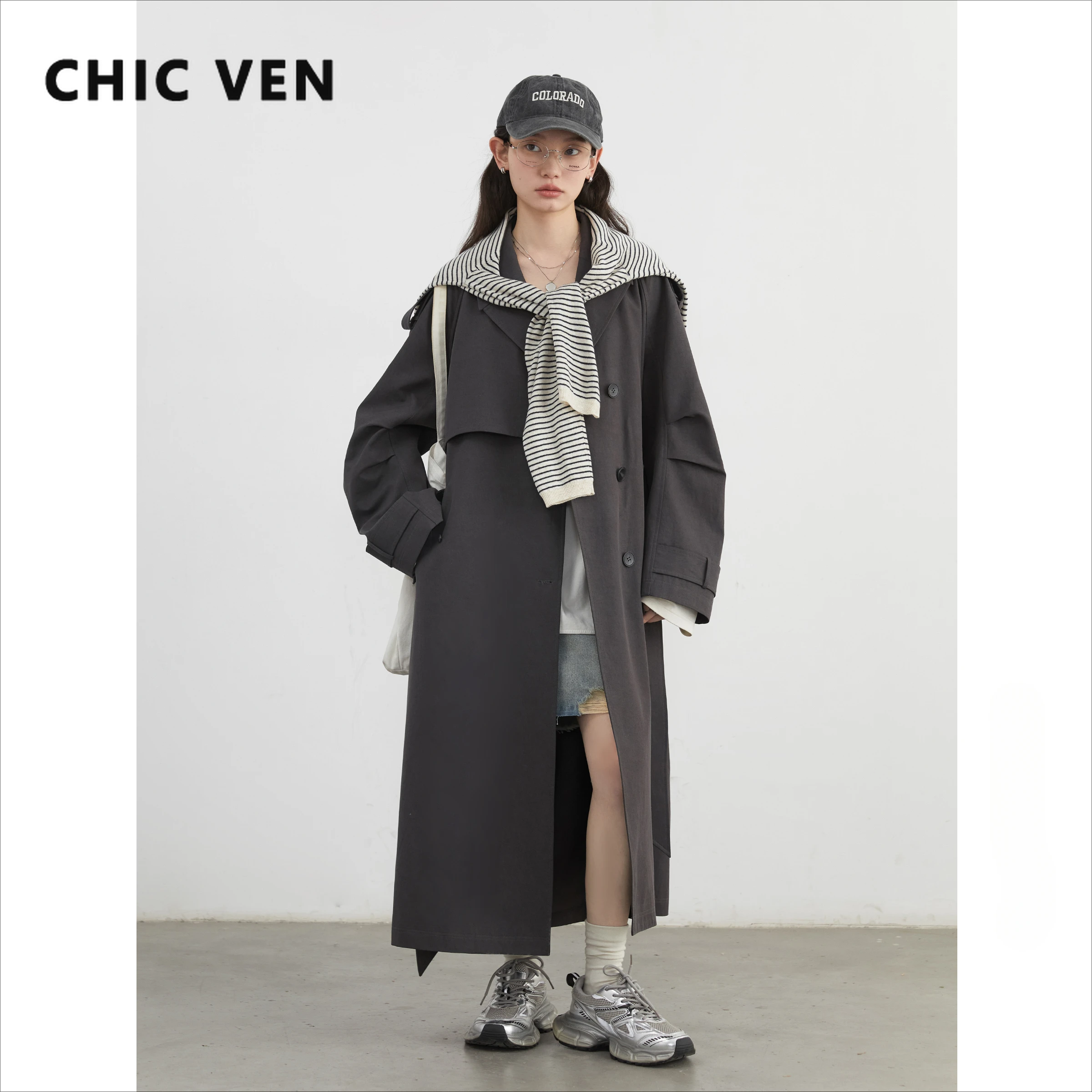 CHIC VEN 패션 여성 트렌치 코트 싱글 브레스티드 루즈핏 캐주얼 신상 벨트 롱 여성용 윈드브레이커 레이디스 코트 봄 가을 2026