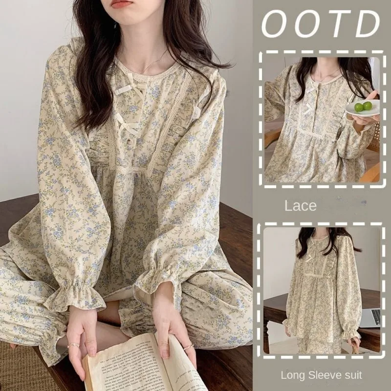 사계절은 한국 스타일의 꽃 무늬 여성 잠옷 탑과 바지를 입을 수 있습니다 여름 학생 잠옷 Homewear Girl Sweet Nightwear