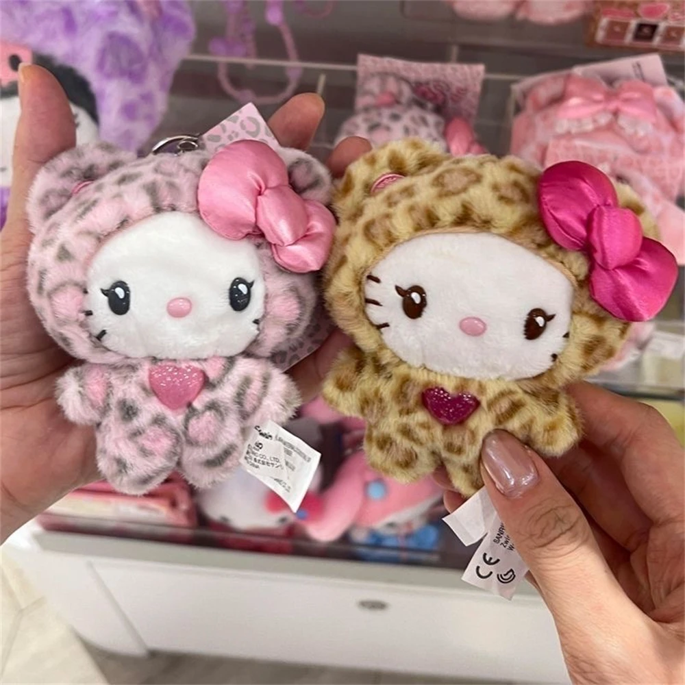 산리오 레오파드 프린트 베어 시리즈 헬로 키티 키체인 펜던트 만화 키티 고양이 플러시 인형 펜던트 키체인 가방 장식 선물