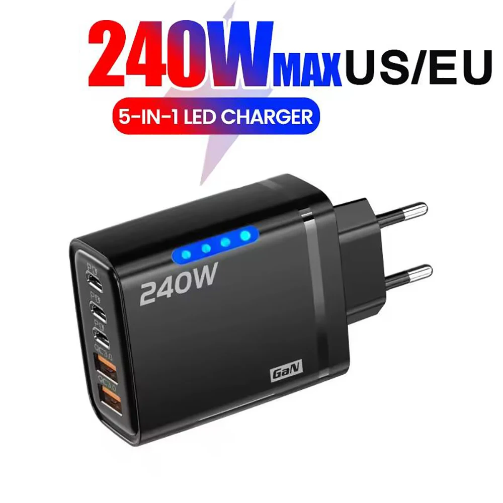 USB C GaN 충전기 240W 5 in 1 고속 충전 휴대폰 충전기 전원 어댑터 아이폰 삼성 샤오미 타입 C EU/US 플러그 벽면 충전기
