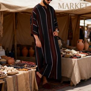 남성용 검정 줄무늬 프린트 아랍 로브 가볍고 헐렁한 무슬림 로브 이슬람 캐주얼 및 문화 의류 무슬림 로브
