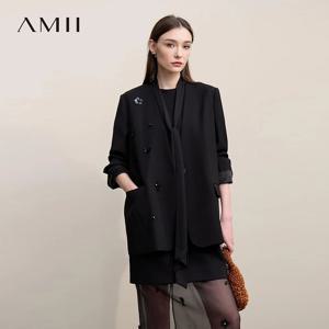 Amii 여성 자켓 2026 가을 새로운 우아한 통근자용 비즈 꽃무늬 쉬폰 스트리머 타이 블레이저 솔리드 루즈 브이넥 탑 12641078