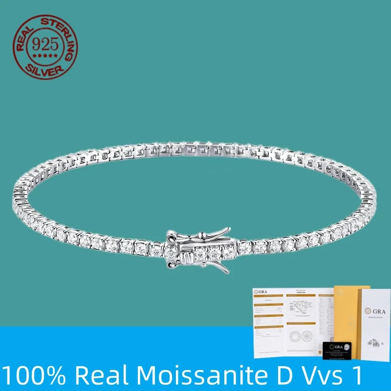 100% S925 스털링 실버 2-6mm 여성을위한 진짜 Moissanite 테니스 팔찌 웨딩 쥬얼리 크리스마스 절묘한 선물