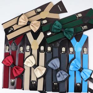 솔리드 컬러 남자 벨트 Bowtie 세트 남자 여자 멜빵 폴리 에스터 Y 백 교정기 두 가지 색상 나비 넥타이 조절 탄성
