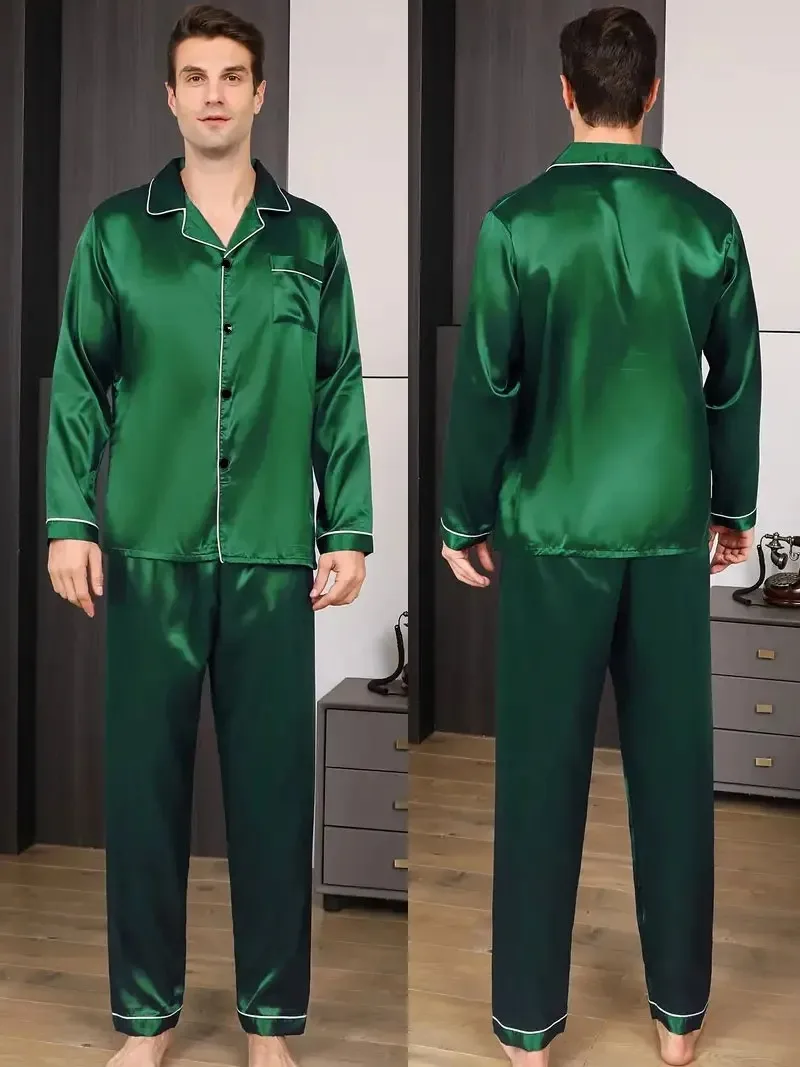 남성 잠옷 세트 실크 새틴 Nightwear 셔츠 긴 소매 Pijama 남성 패션 소프트 홈 정장 잠자는 대형 봄 잠옷