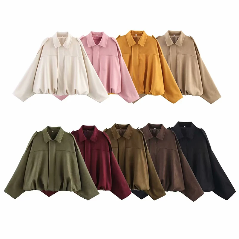 YENKYE New 2025 여성 스웨이드 질감 폭격기 재킷 긴 소매 옷깃 칼라 루즈 코트 캐주얼 여성 겉옷 Chic Tops