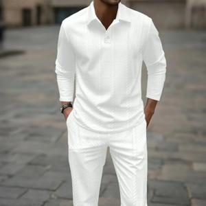 남성용 패셔너블 폴로 셔츠 따뜻하고 내구성이 뛰어난 순수 컬러 캐주얼 긴팔 박스 패턴 바지 세트(봄, 가을용).