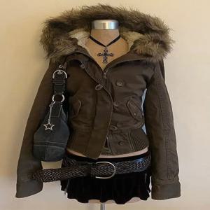 패션 아우터웨어 브라운 재킷 여성 코트 슬림 핏 빈티지 퍼 칼라 케이팝 여성용 지퍼 옷 하라주쿠 Y2K 하이 스트리트 탑스