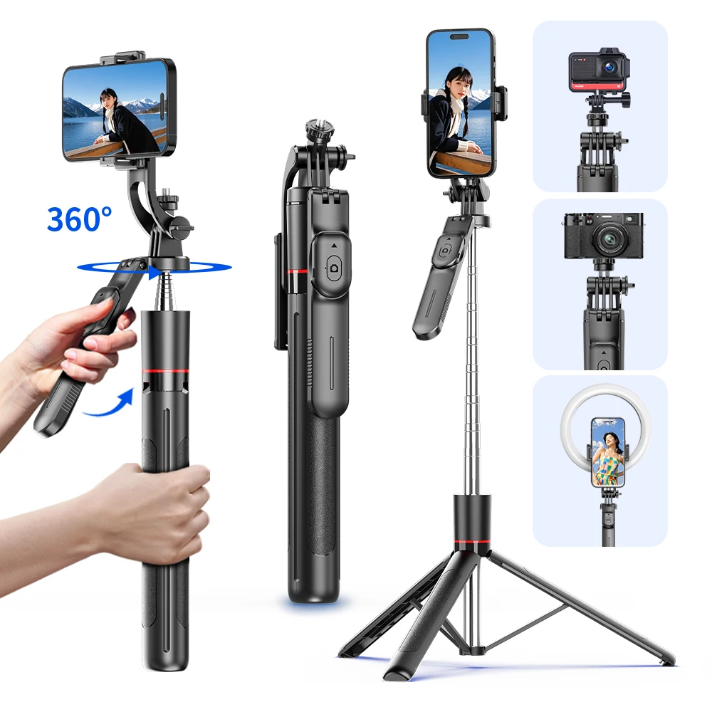 F16 셀카봉 삼각대, 1708mm 길이의 8단 폴, 블루투스 리모컨, 360도 회전 °   회전, 1/4 인터페이스, 휴대폰 카메라 브이로그용