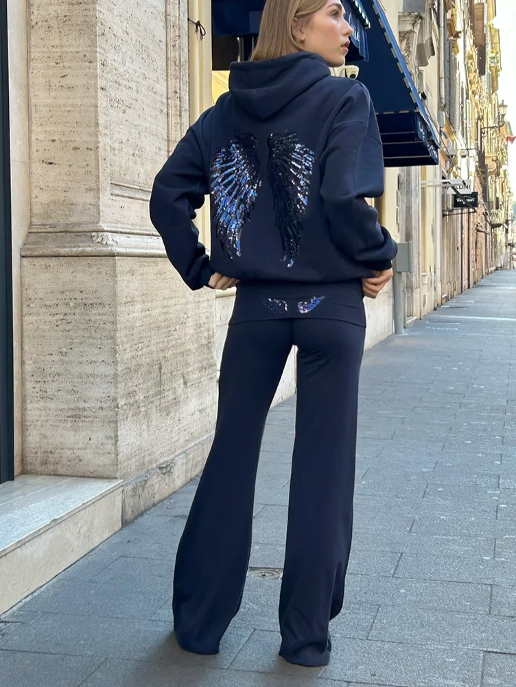 여성용 스팽글 날개 프린트 패턴 후드티 가을 패션 클래식 후드 스웨트셔츠 2025 루즈 엘레강트 다용도 따뜻한 풀오버