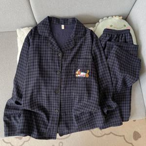 자수 강아지 빈티지 체크무늬 투피스 수트 파자마 여성 한국 스타일 캐주얼 소프트 패션 여성용 잠옷 가을 신상 슬립웨어