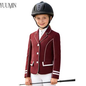 어린이 여자아이 승마복 배색 트리밍 승마 블레이저 라펠 칼라 긴팔 버튼 재킷 아우터 스포츠웨어