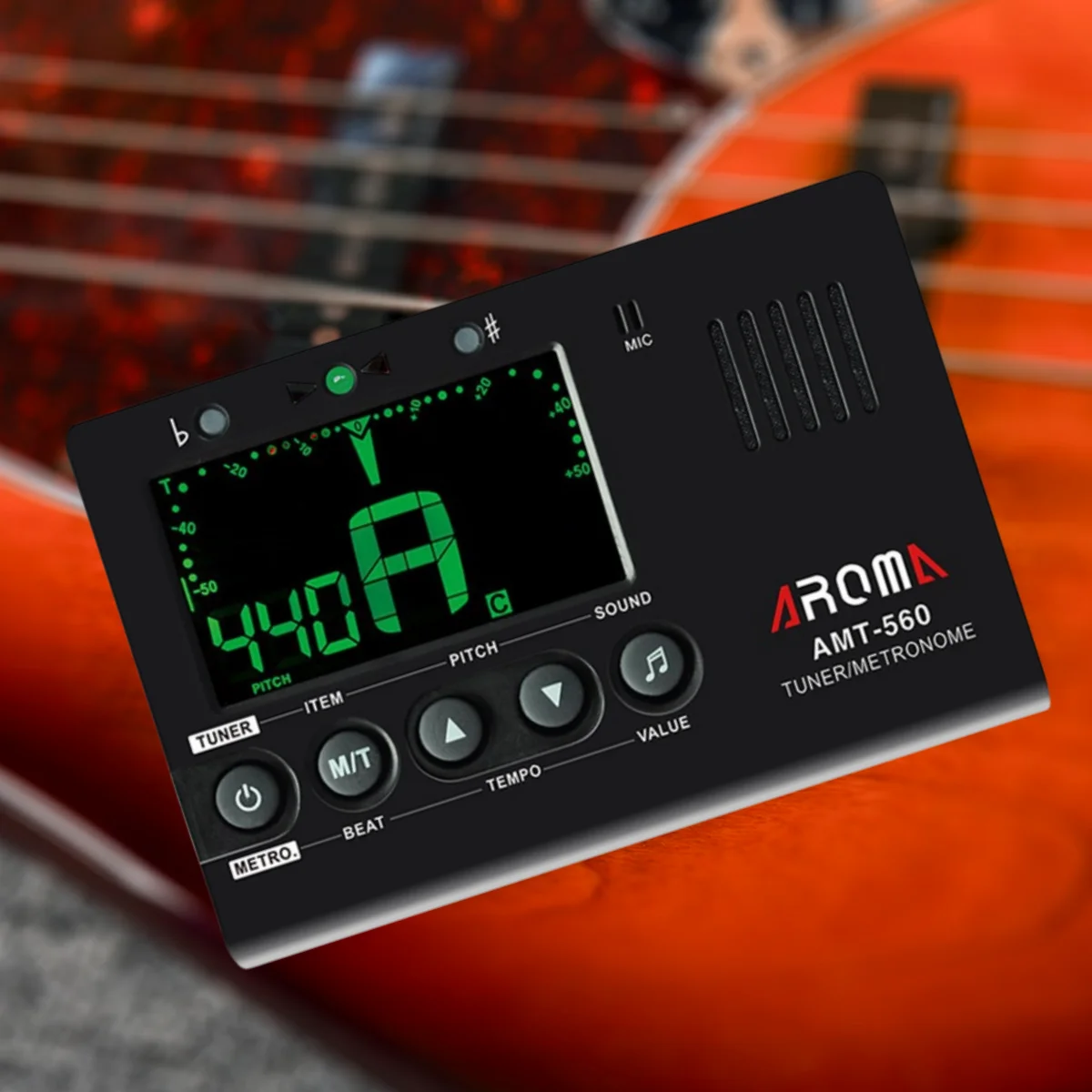 아로마 AMT-560 3 in 1 전자 기타 메트로놈 튜너 내장 마이크 및 픽업 케이블 6.3mm 기타, 크로매틱, 베이스, 바이올린, 우쿨렐레용