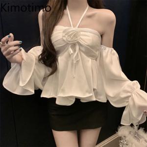 Kimotimo Flower Halter 자르기 탑 여성 섹시한 스위트 오프 숄더 플레어 슬리브 슬림 피트 셔츠 봄 여름 모든 경기 Y2k 블라우스