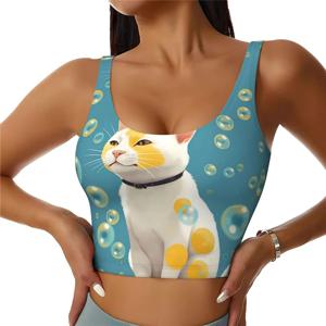 여성용 스포츠 브라, U 백 탈착식 여성용 탱크 탑 버블과 고양이가 많은 웃긴 요가 프린트 운동 브라