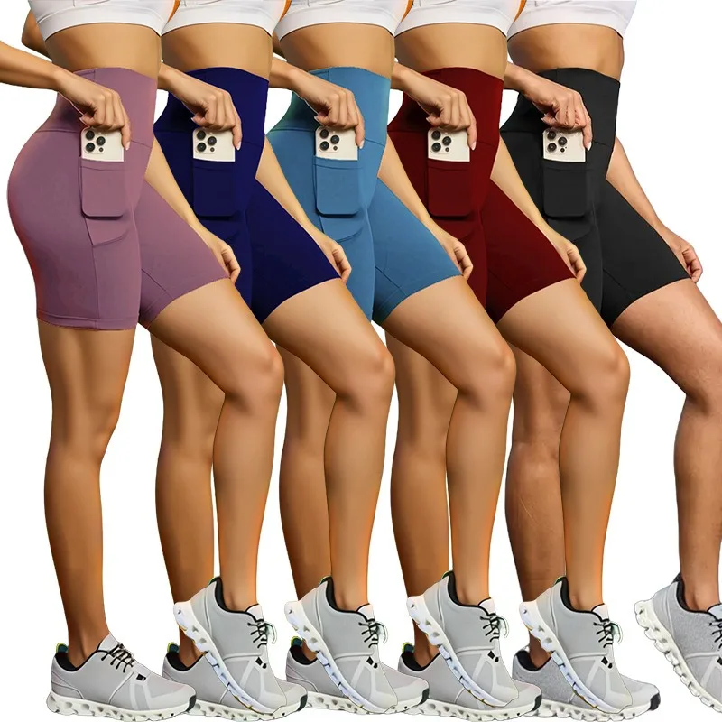 여성 포켓 스포츠 반바지 빅 사이즈 요가 레깅스 야외 착용 고탄력 스키니 반바지 러닝 사이클링 3 점 반바지