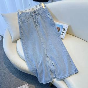 라이트 블루 데님 A라인 미니 스커트 여성용 하이 웨이스트 슬리밍 스몰 사이즈 스플릿 스커트 여름 2023 새로운 스타일 롱 스커트