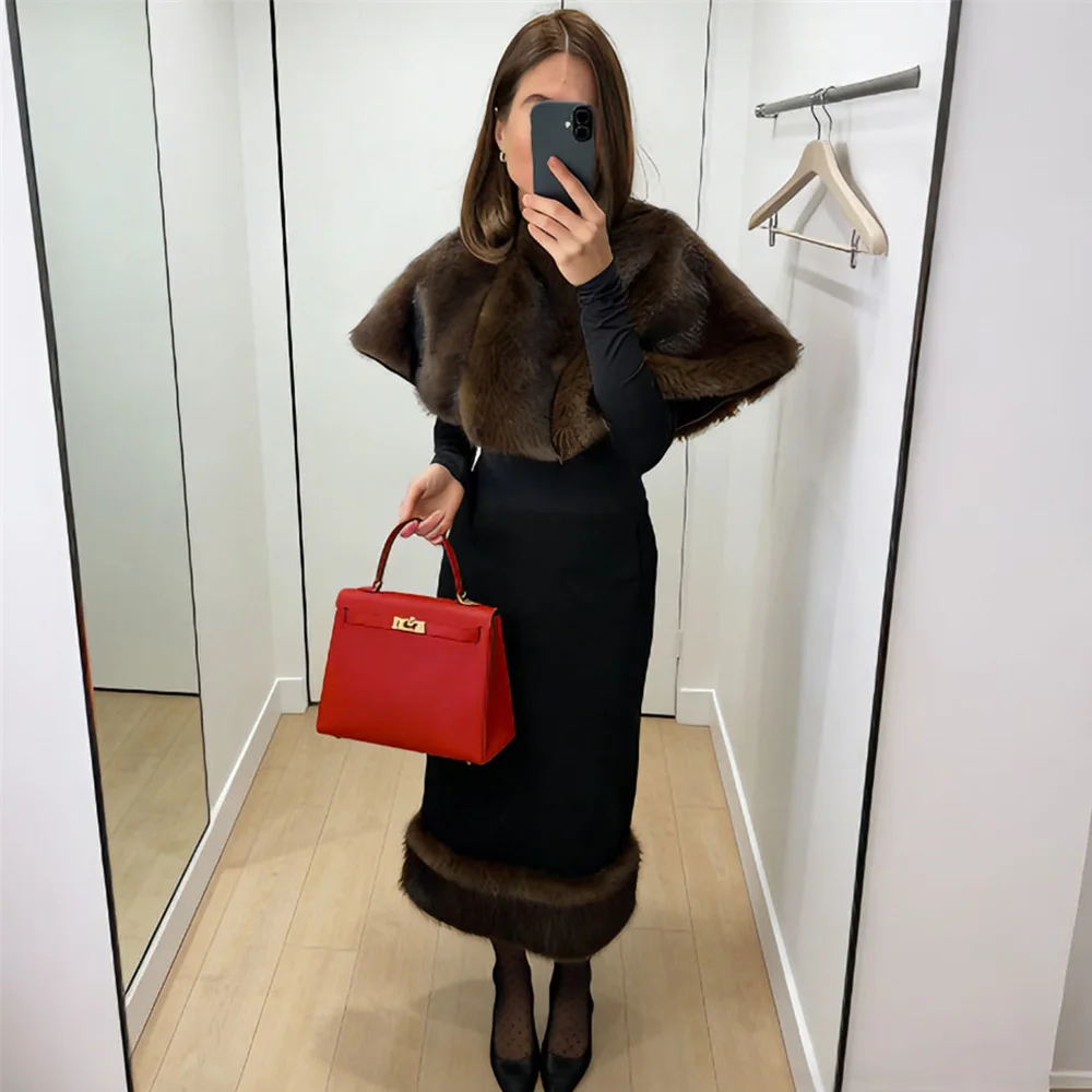 Tuularose 가을 스커트 2피스 세트 여성 우아한 양털 숄 패션 패치워크 맥시 스커트 세트 럭셔리 빈티지 여성 드레스 세트