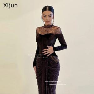 Xijun 럭셔리 브라운 벨벳 이브닝 드레스 레이스 풀 슬리브 공식 프롬 드레스 하이 칼라 사우디 아라비아 프롬 가운 맞춤 제작