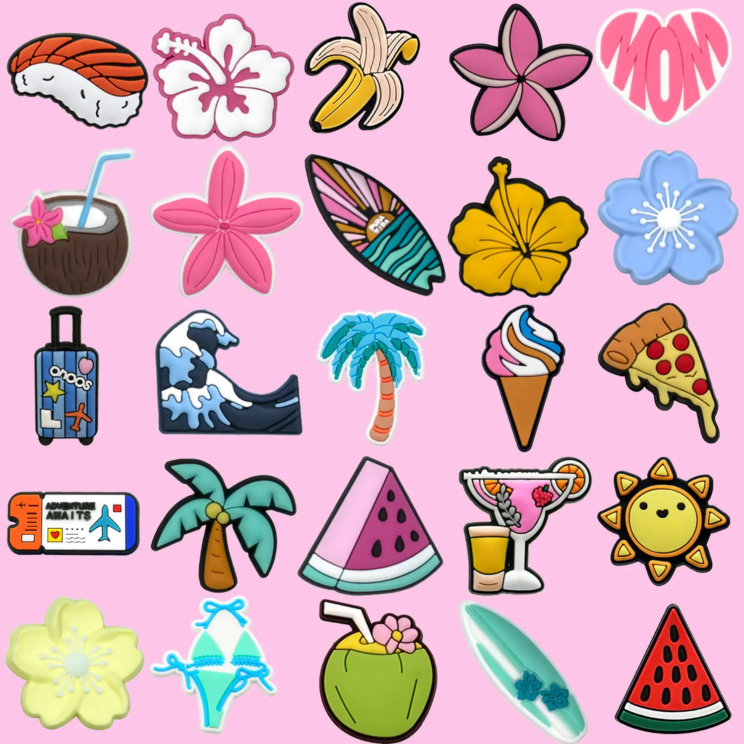 1/25pcs 핑크 꽃 심장 수박 구두 매력 여성을위한 비행기 티켓 수하물 구두 장식 핀 피자 바나나 방해물 청바지