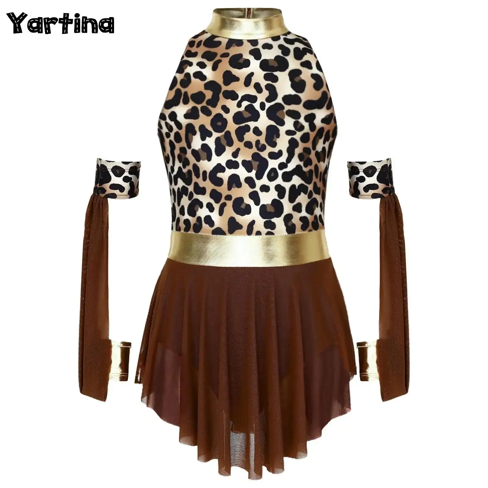 키즈 소녀 선사 시대 동굴 돌 할로윈 카니발 코스프레 의상 레오파드 프린트 메탈릭 광택 드레스와 일치하는 오버 슬리브