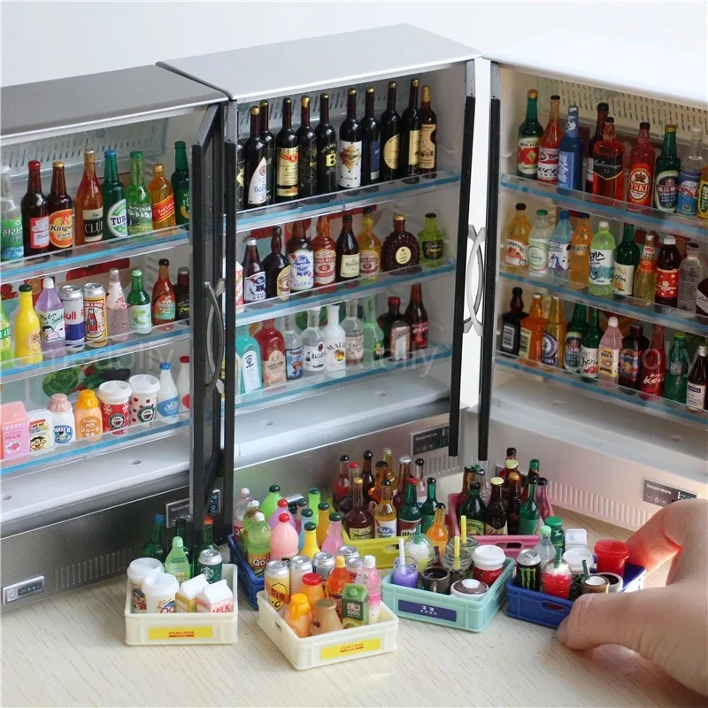 21PCS 주방 장난감 이중 문 대형 냉장고 소형 가구 음악 라이트 음식 액세서리 모델 소녀 생일 선물