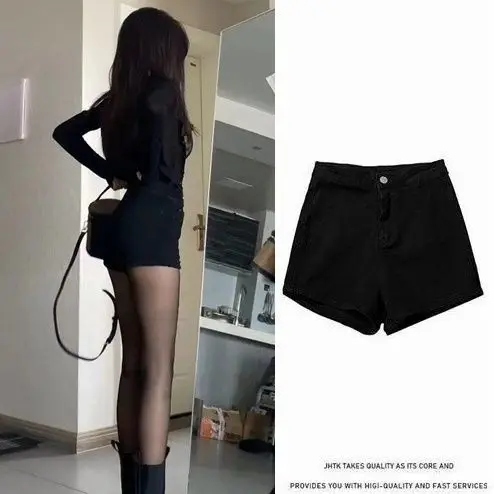 하이웨이스트 블랙 데님 반바지 여성용 봄 가을 신상 캐주얼 워크웨어 미니 사이즈 청바지 아우터웨어 패셔너블 여성 반바지