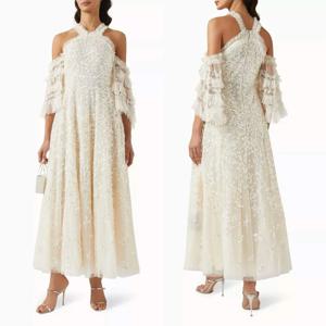 맞춤형 네트 스팽글 플리츠 오프 숄더 A 라인 미디 드레스 맞춤형 행사 스파클 우아한 파티 결혼식 공식 저녁