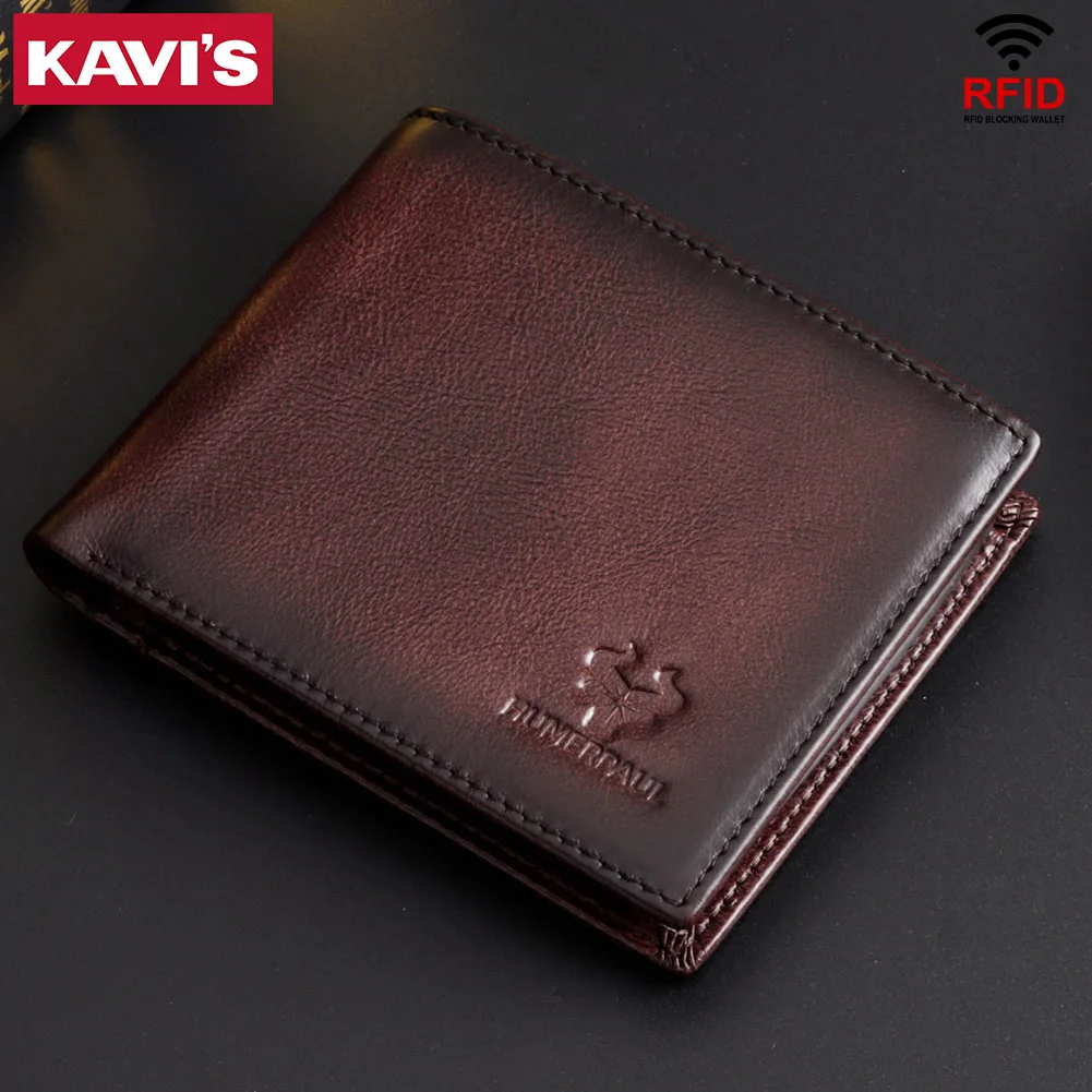 KAVIS 수제 남성용 지갑 정품 가죽 RFID 카드 소지자 ID 창 대용량 남성용 보관 돈 가방 패션