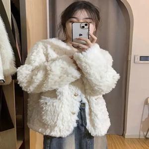 럭셔리 샤넬 스타일 여성 재킷 2025 가을 겨울 신상 루즈핏 코튼 인조 토끼털 화이트 아우터웨어