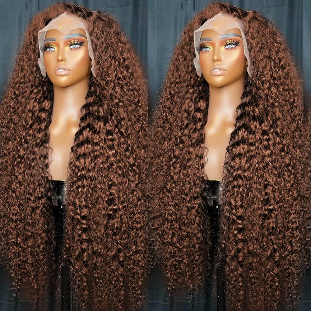 13x4 초콜릿 브라운 워터 컬리 레이스 프론트 가발 # 4가지 색상의 인모 가발, 미리 뽑은 딥 웨이브 13x6 HD 레이스 프론탈 가발 200%