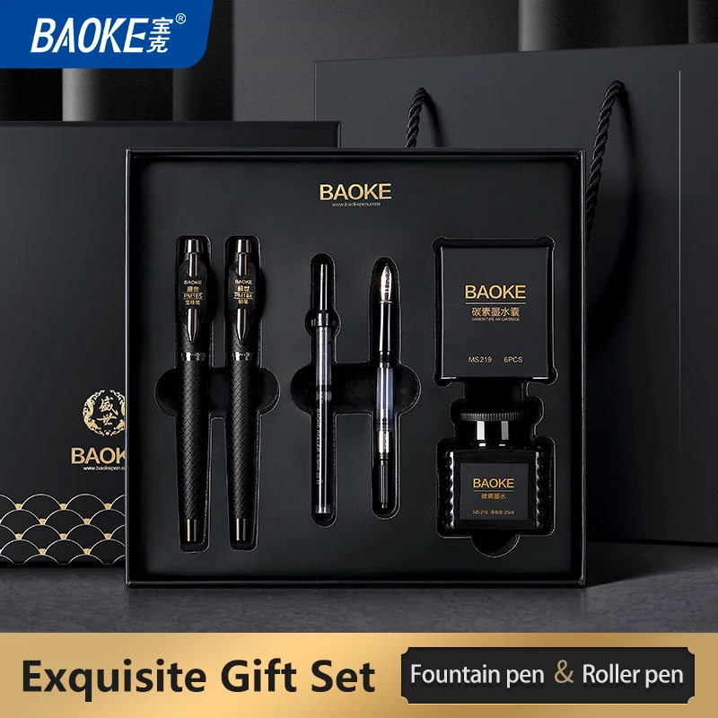 BAOKE T18/T19/T20 블랙 그레이 만년필 선물 세트, 잉크 병, 카트리지 6개, 절묘한 패키지, 부드러운 쓰기 펜 포함