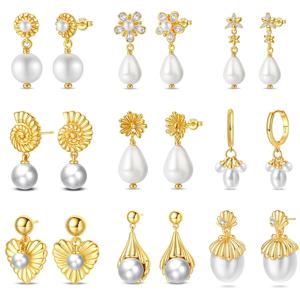 럭셔리 황금 소라 불가사리 진주 귀 스터드, 925 실버 나비 하트 모양 펜던트 진주 귀걸이, 여성용 파티 쥬얼리