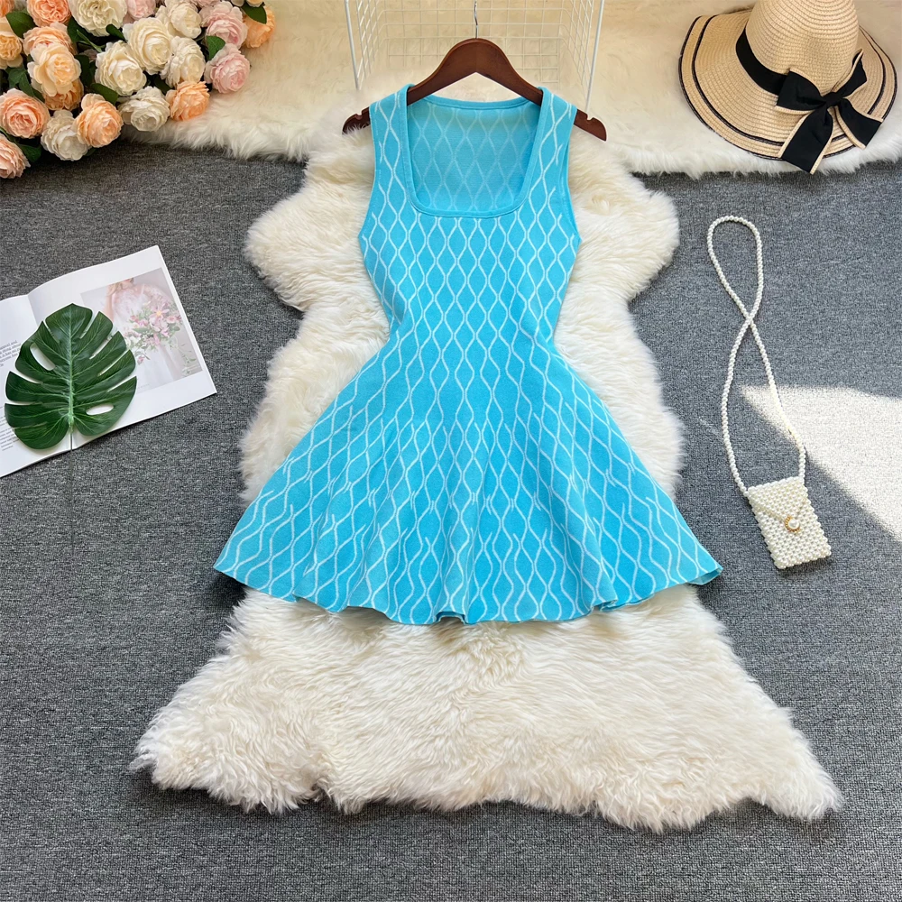 YuooMuoo 브랜드 패션 A라인 짧은 여성 원피스, 우아한 Y2K 기하학적 니트, 여름 원피스 여성 하라주쿠 블랙 파티 복장