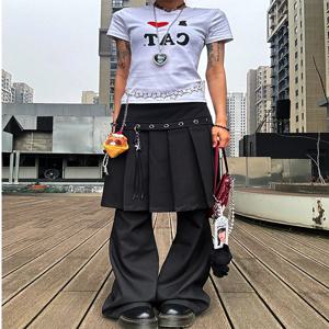 빈티지 라지 사이즈 블랙 플리츠 팬츠 퍼프 커튼 여성 여름 롱 스커트 슈트 레이어드 페이크 투피스 오버롤 스커트 팬츠