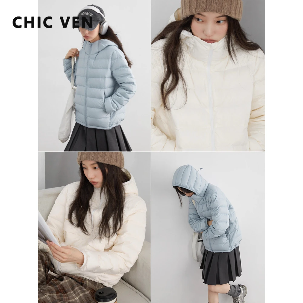 CHIC VEN 여성용 경량 다운 코트 솔리드 루즈 캐주얼 신상 후드 슬림 걸 다운 재킷 90% 화이트 덕 다운 가을 겨울 2025