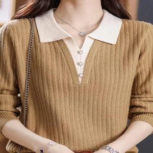 봄가을 니트 스웨터 여성용 긴팔 카라 니트 패션 상의 맘 스타일 페이크 투피스 니트웨어 액세서리 핀