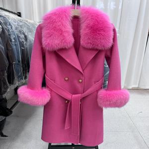 2025 신상 여성 겨울 코트 캐시미어 양털 혼방 천연 여우털 칼라 커프 벨트 슬림 스타일 여성 가을 아우터