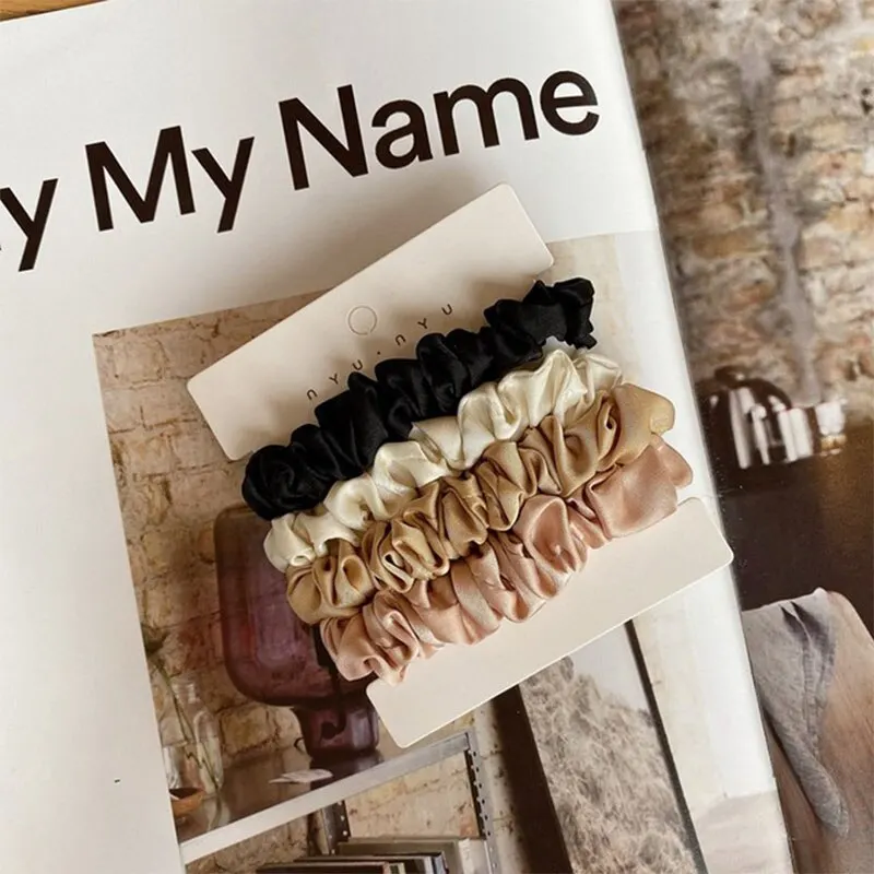 순수 실크 스키니 작은 스크런치 세트, 헤어 활 타이 로프 밴드, 스크런치 탄성 포니테일 홀더, 여성 및 여아용, 4 개