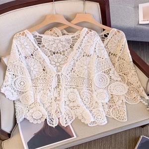 우아한 플러스 사이즈 여성용 V넥 니트웨어 속이 비치는 자수 벨트형 얇은 여름 가디건 캐주얼 대나무 면 민소매