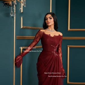 Xijun 버건디 레이스 인어 이브닝 드레스, 오프숄더 플리츠 아플리케 무도회 드레스, 두바이 공식 무도회 가운, 맞춤형