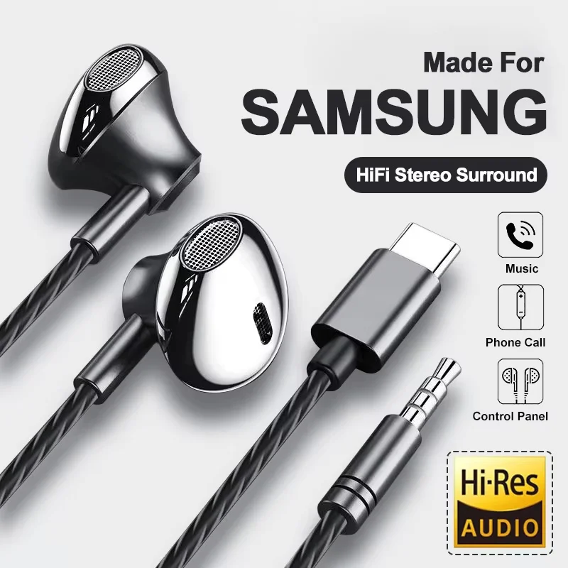 USB 타입 C 헤드폰 하이파이 베이스 스테레오 볼륨 조절 마이크 3.5mm 유선 이어폰 갤럭시 S24 S23 S22 S21 울트라 아이폰 15 프로 맥스용