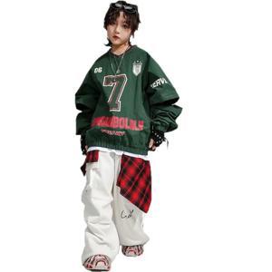 키즈 힙합 의류 그린 브이 넥 탄성 밑단 운동복 화이트 캐주얼 와이드 카고 바지 소녀 소년 재즈 댄스 의상 의류